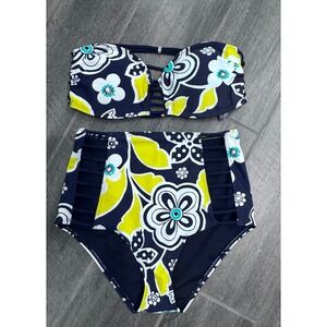 aerie Navy, Yellow & White Floral High-Waist Bikini Set